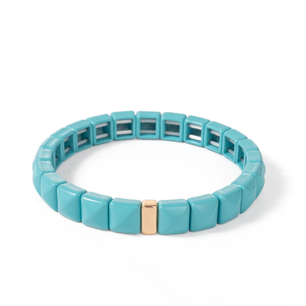 Tejesa Colorful Enamel Square Shape Rhombus Faced Bohemain Geometric Elastic Bracelets For Women