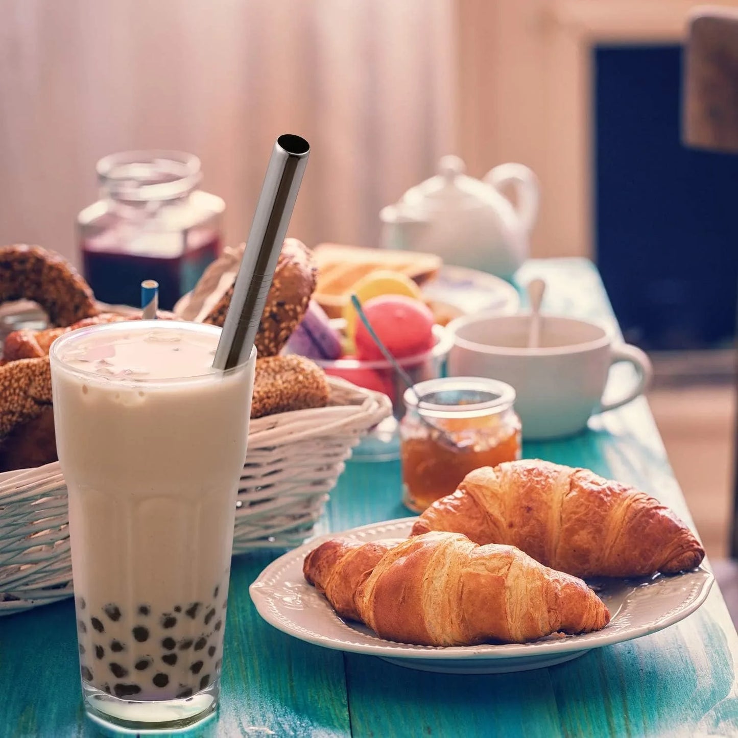 2 Pcs Jumbo Reusable Boba Straws, 0.5" Wide Stainless Steel Metal Straws for Bubble Tea/Tapioca Pearl, Milkshakes,Smoothies