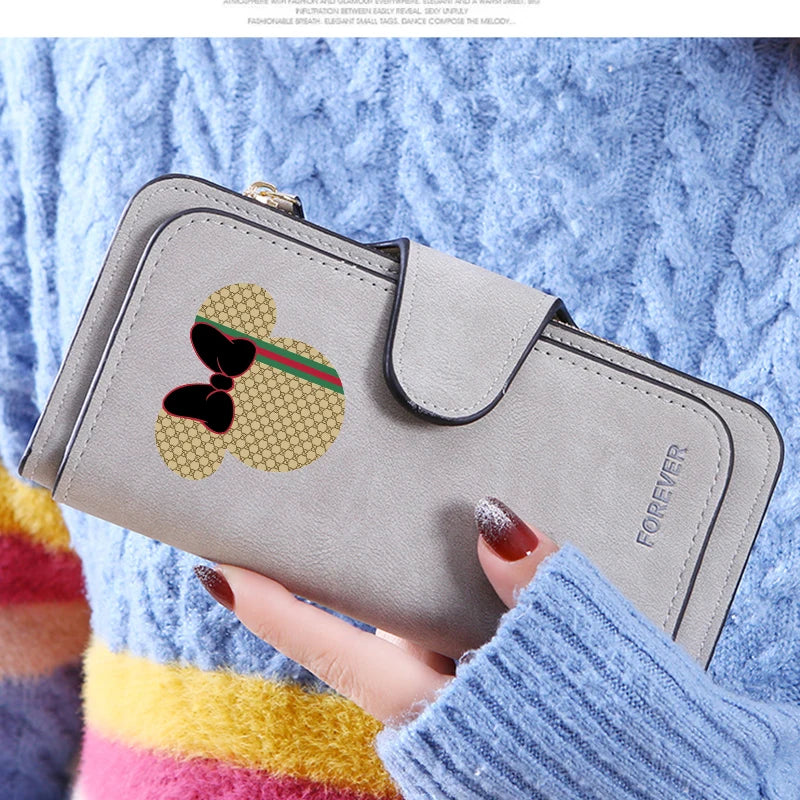 Mickey Minnie Mouse Pu Leather Wallet Women Zipper Frosted Coin Purse Ladies Credit ID Card Holder Disney Versatile Long Wallet