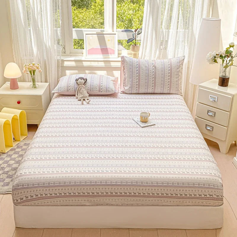 Pure Cotton Fitted Sheet Single Double Queen Size Printed Mattress Cover With Elastic Band Bedsheet Soft Comfortable Fitsheet