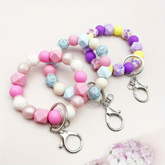 Pastel Beaded Keychain, Shell & Butterfly Pattern, Silicone & Pearl Beads, Car Key Bag Accessory, For Friends
