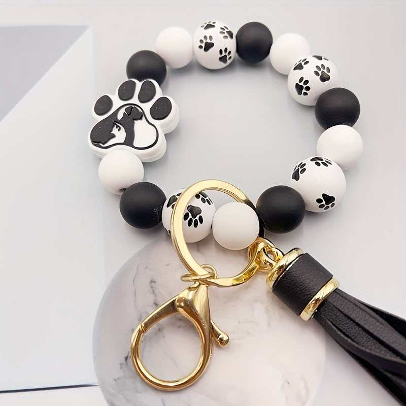 1pc Silicone Dog Footprint Keychain Color Block Beaded Bracelet Keyring Cute Wristlet Tassel Car Key Ring For Women daily use