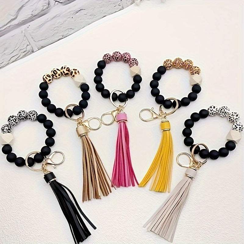 Hemasa Black Leopard White Bottom Wooden Beads Rubber Paint Round Beads PU Tassel Bangle Keychain