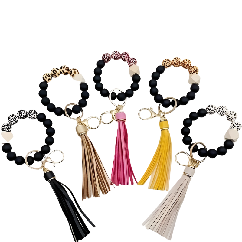 Hemasa Black Leopard White Bottom Wooden Beads Rubber Paint Round Beads PU Tassel Bangle Keychain