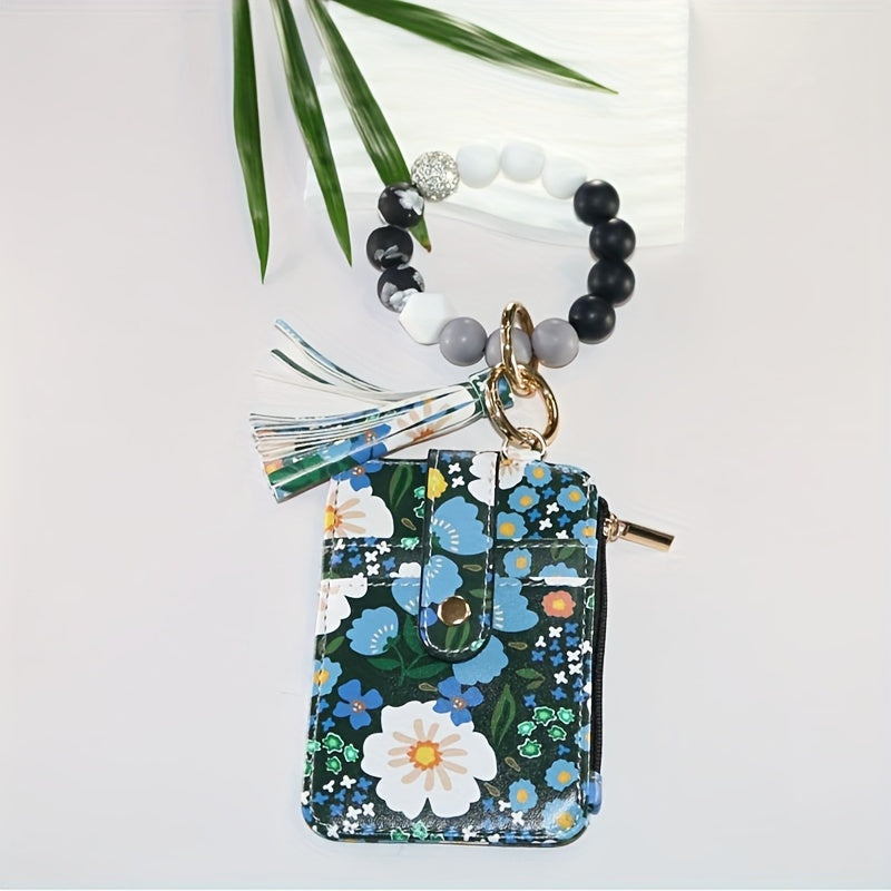 Hemasa Leather Key Chain, Floral Fringe Card Bag Anti-loss Key Chain Pendant