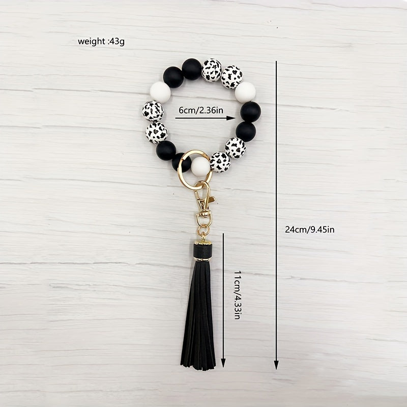 Cow Pattern Silicone Wooden Beaded Wristlet Keychain With PU Leather Tassel Wester Fashion Bangle Keychain Bag Charm Phone Lanyard Mother's Day Gift