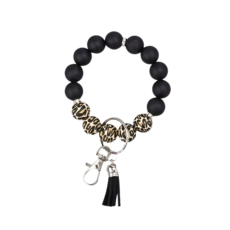 Hemasa Silicone Beaded Keychain with PU Leather Tassel, Leopard Print Car Key Ring