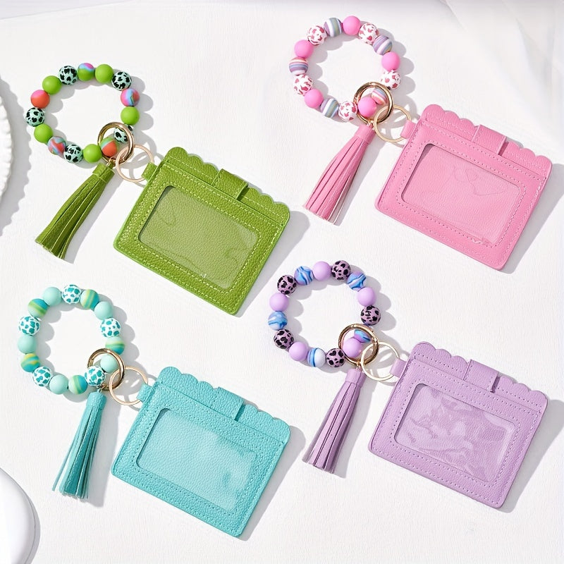 Leopard Silicone Wooden Beaded Wristlet Keychain With Wallet Credit Card Holder Bag Charm Phone Lanyard Bangle Keychain