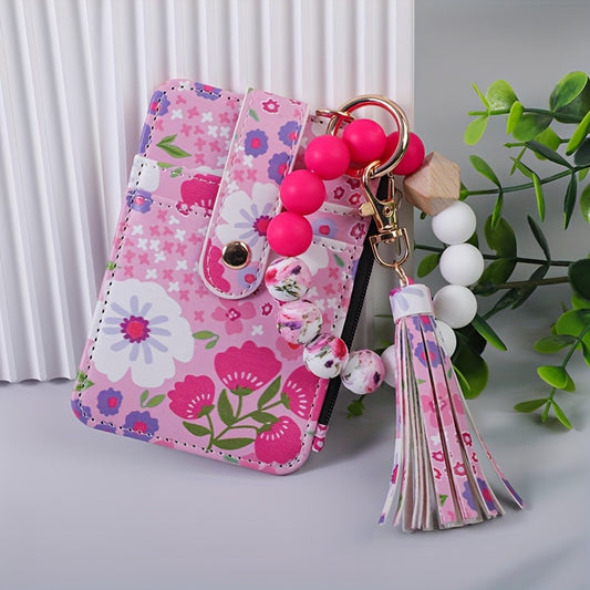 Chic Floral Print Faux Leather Wallet with Beaded Wristlet & Tassel Keychain - Silicone Bracelet Card Holder, Perfect Gift for Women