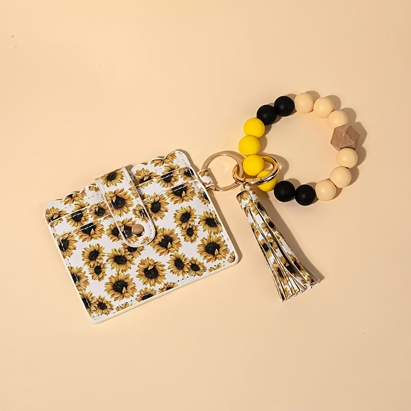 Sunflower PU Tassel Keychain Card Holder Silicone Beaded Bracelet Key Ring - Perfect Gift for Birthdays and Holidays.