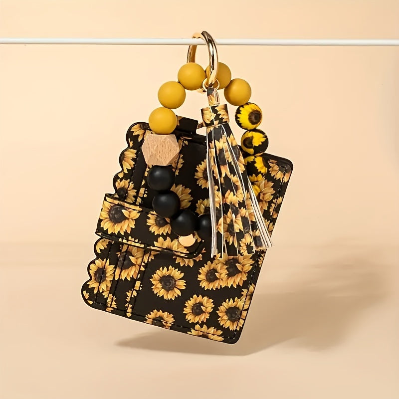 Sunflower PU Tassel Keychain Card Holder Silicone Beaded Bracelet Key Ring - Perfect Gift for Birthdays and Holidays.