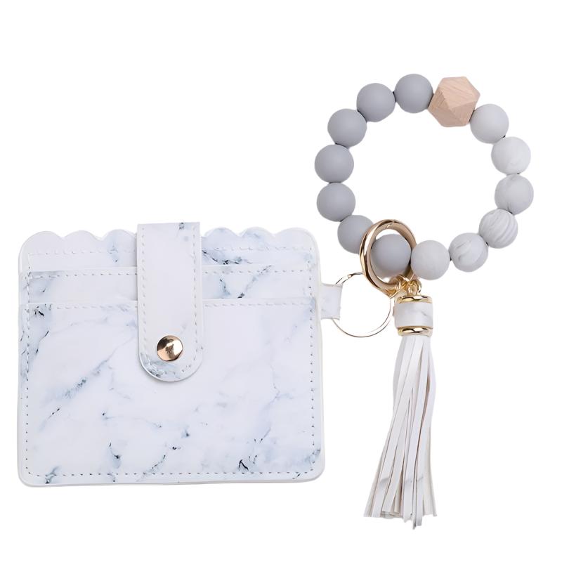 Hemasa Silicone Beaded Bracelet Wristlet Keychain With PU Leather Wallet Card Holder  /Bag Charm/ Phone Lanyard