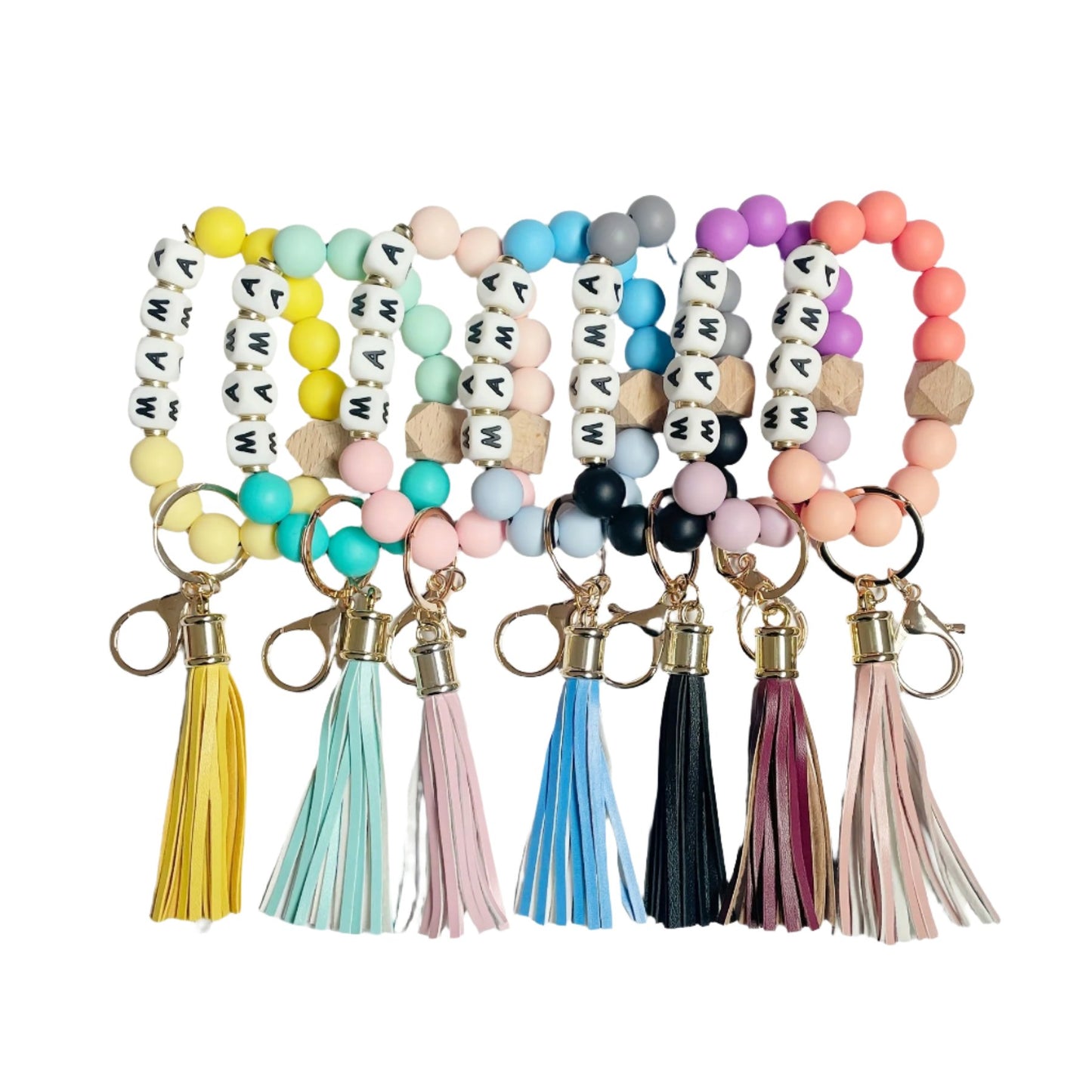 Hemasa MAMA Silicone Beaded Bracelet Wristlet Keychain Cute Elastic Bangle Key Chain Bag Charm Phone Lanyard Women /Girls