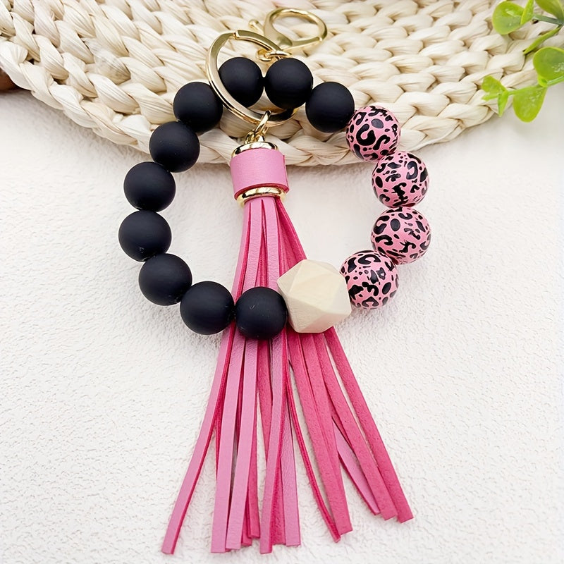 Hemasa Leopard Silicone Wooden Beaded Wristlet Keychain With PU Leather Tassel /Phone Lanyard Bangle Keychain