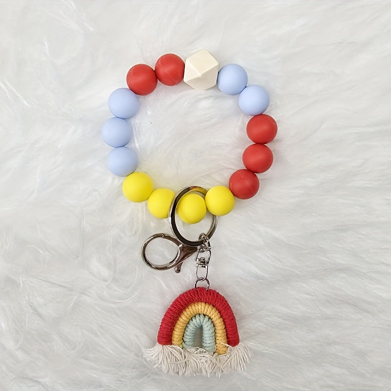 Hemasa 5pcs Silicone Beaded Keychain Set With Rainbow Tassel Charm