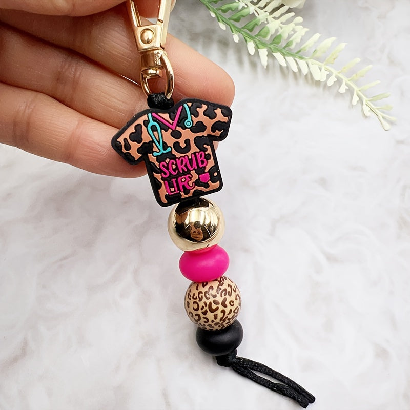 Chic Leopard Print Silicone Nurse Uniform Keychain - Beaded Charm Accessory, Perfect Gift for Staff, Doctor's Day, Pendant