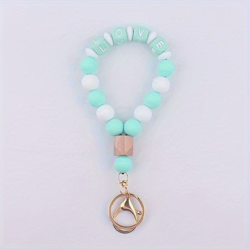 One Pack LOVE Macaron Colorful Keychain Wristband Keychain Elastic Beaded Portable Wristband Bracelet Keychain Car Keychain