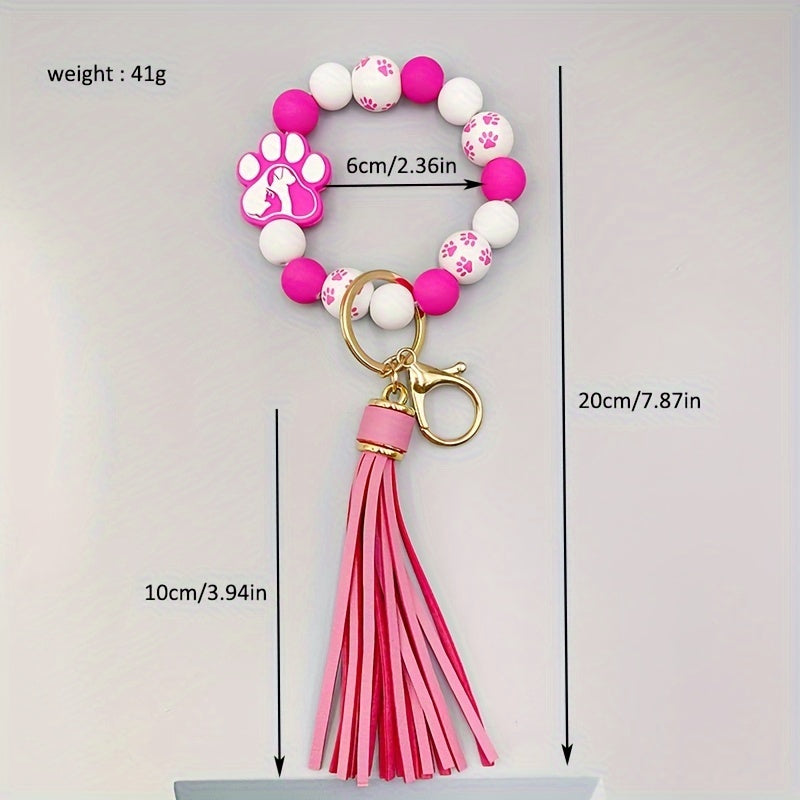 1pc Silicone Dog Footprint Keychain Color Block Beaded Bracelet Keyring Cute Wristlet Tassel Car Key Ring For Women daily use