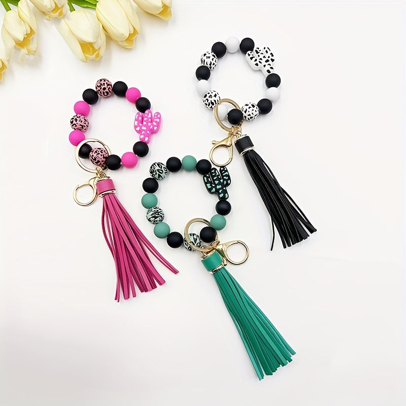 Chic Cactus-Themed Silicone Beaded Keychain with Tassel - Cartoon & Plant Design, Lobster Clasp Charm for Women, Cactus Decor