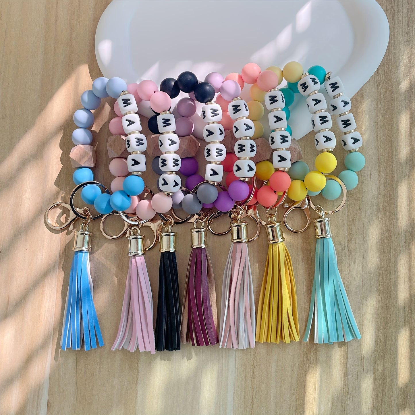 Hemasa MAMA Silicone Beaded Bracelet Wristlet Keychain Cute Elastic Bangle Key Chain Bag Charm Phone Lanyard Women /Girls