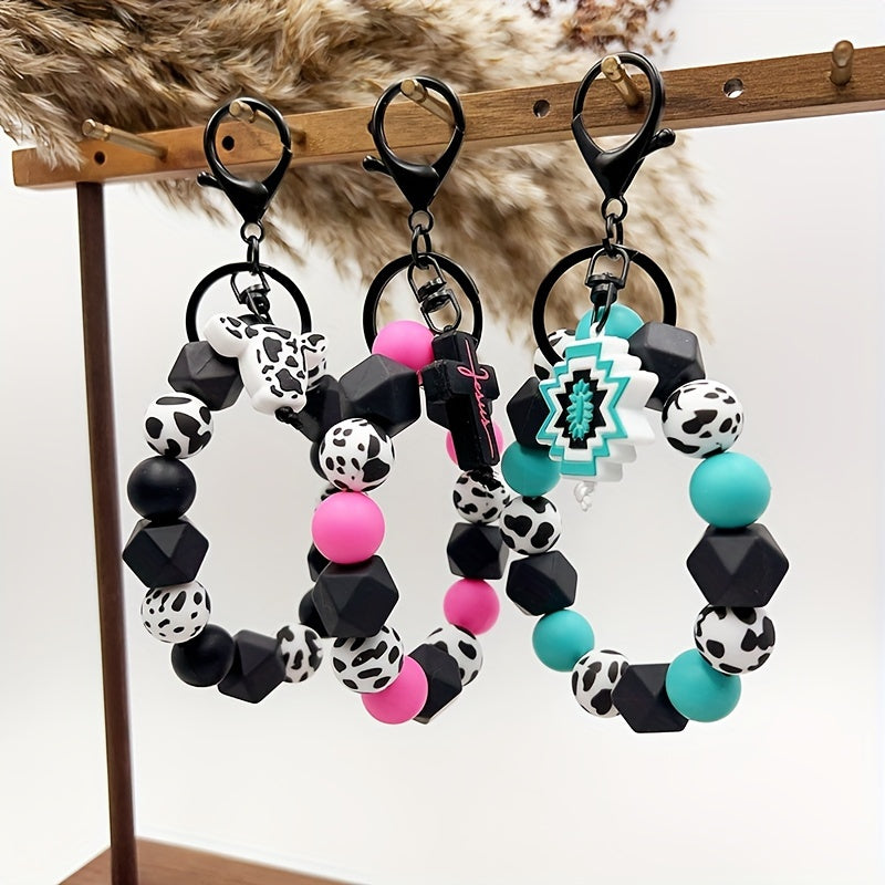Silicone Bead Keychain, Western Cow Print, Cross & Geometric Charms, Unisex, Gift For Friends & Parents, Trendy Accessory