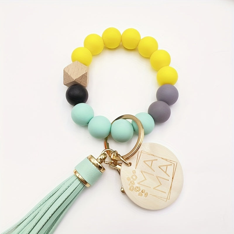 Chic Multicolor Silicone Beaded Keychain with Faux Leather Tassel & 'MAMA' Wooden Charm - Perfect Mother's Day Gift