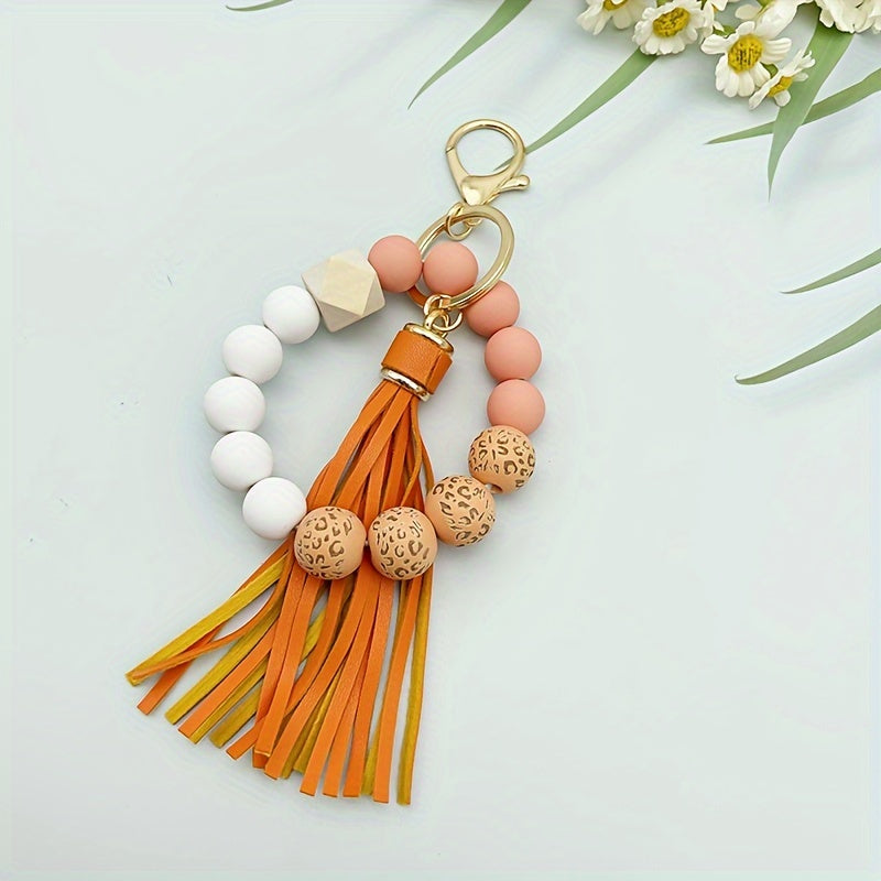 Leopard Silicone Beaded Bracelet Wristlet Keychain Fashion Bangle Key Chain Bag Charm Phone Lanyard Earbud Case Cover Accessories Women Female Gift