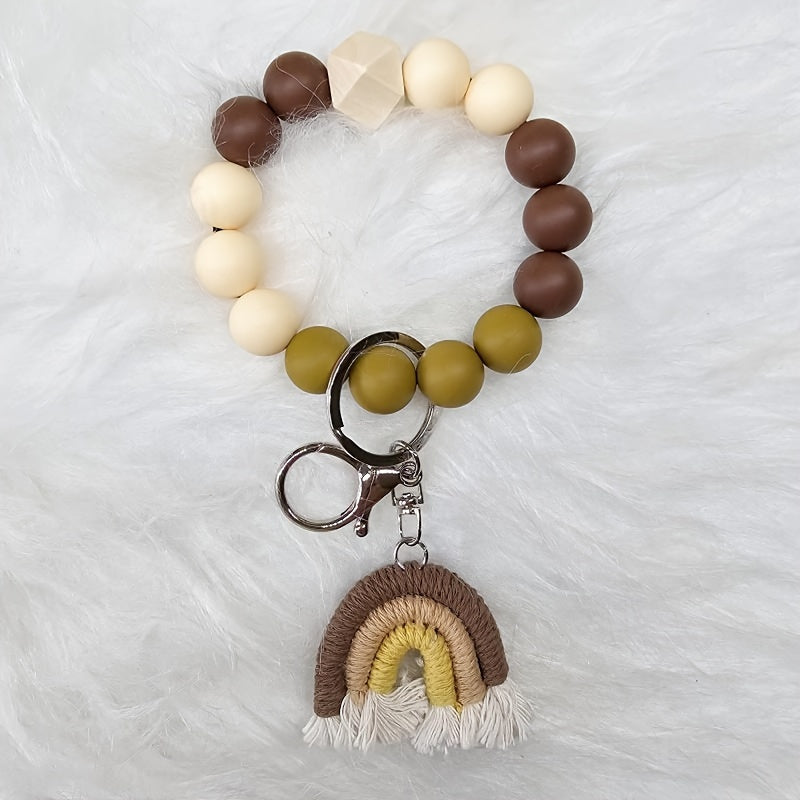 Hemasa 5pcs Silicone Beaded Keychain Set With Rainbow Tassel Charm