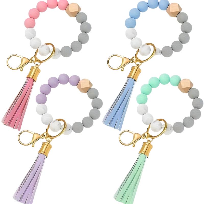 Hemasa Mother's Day Macaron Color Key Ring: Car Key Holder with Beaded Bangle, Tassel, and Elastic Design