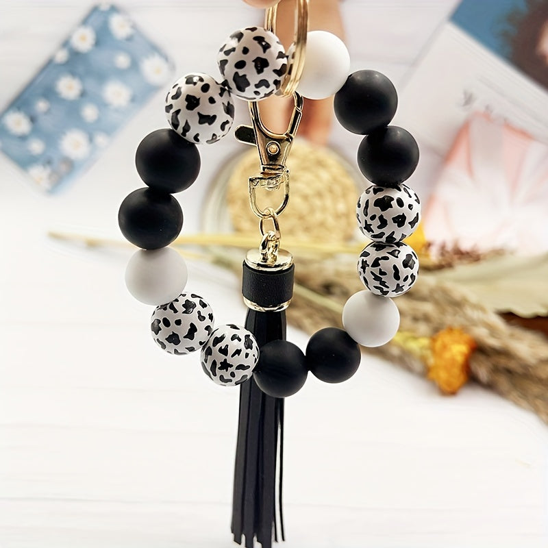 Cow Pattern Silicone Wooden Beaded Wristlet Keychain With PU Leather Tassel Wester Fashion Bangle Keychain Bag Charm Phone Lanyard Mother's Day Gift