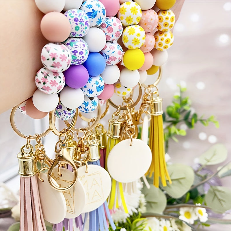 1pc Fresh And Floral Keychain With Printed Wooden Beads, MAMA Wooden Charm, Flower Bead Key Ring, Perfect For Friends And Mothers