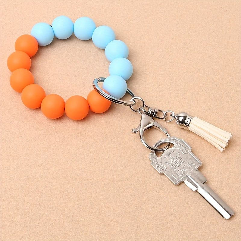 1pc Elastic Keychain Bracelet Wristband, Fashionable Silicone Beaded Keychain Bracelet, Tassel Keychain Bracelet Beaded Wristband Keychain Portable Home Car Key Ring Holder