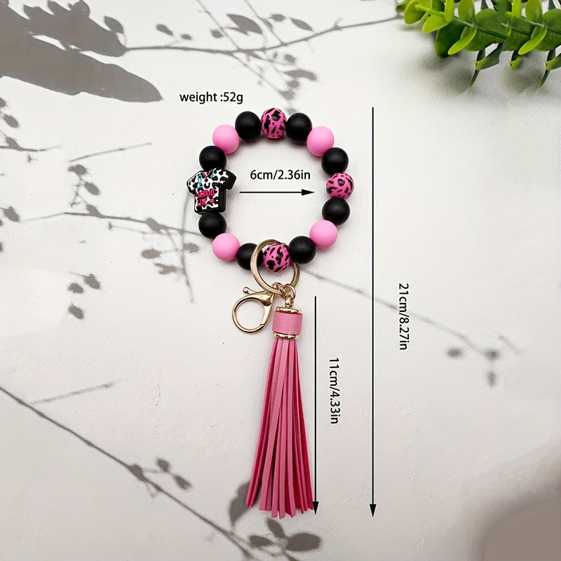 1pc Scrub Life Silicone Beaded Tassel Charm Keychain, Faux Leather Wristlet with Lobster Clasp, Round Beaded Key Ring for Women, Professional Nurse'S Day Gift, Single Piece