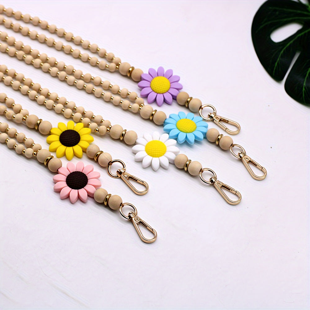 Elegant Wooden Bead Keychain With Golden Spacer Beads And Silicone Flower Charm - Versatile Accessory For All Seasons