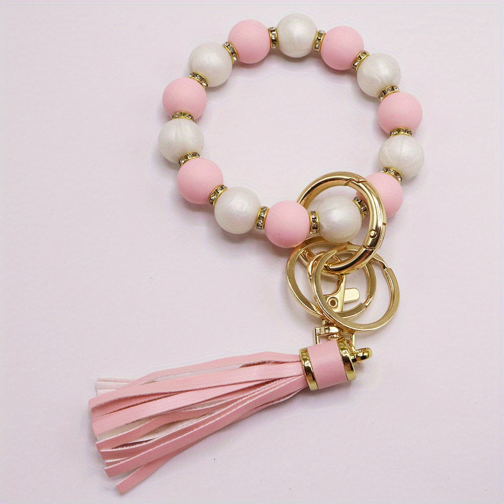 Chic Sunflower Silicone Bead Bracelet with Rhinestone Accents, Tassel Charm & Keychain - Fashionable Women's Accessory