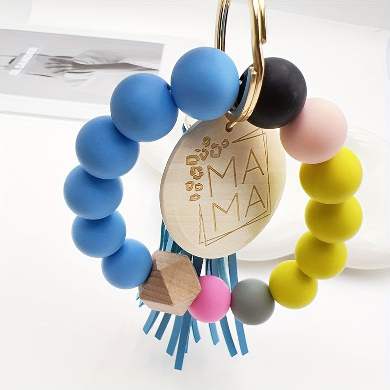 Chic Multicolor Silicone Beaded Keychain with Faux Leather Tassel & 'MAMA' Wooden Charm - Perfect Mother's Day Gift
