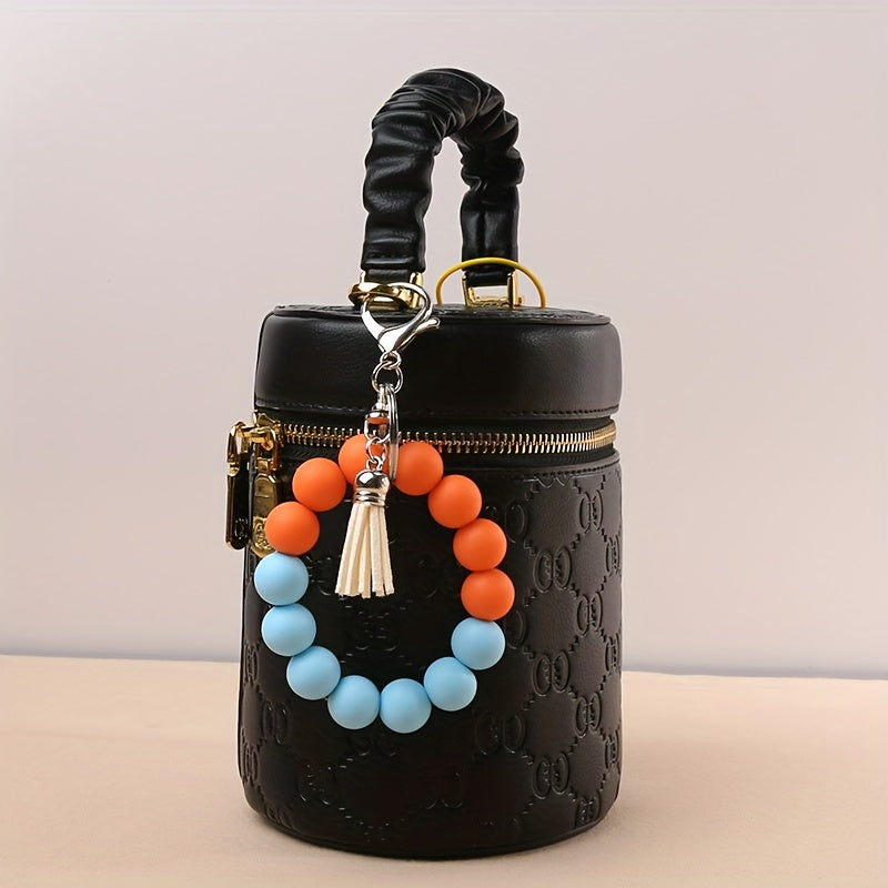 1pc Elastic Keychain Bracelet Wristband, Fashionable Silicone Beaded Keychain Bracelet, Tassel Keychain Bracelet Beaded Wristband Keychain Portable Home Car Key Ring Holder