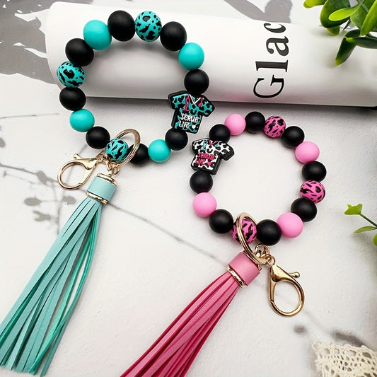 1pc Scrub Life Silicone Beaded Tassel Charm Keychain, Faux Leather Wristlet with Lobster Clasp, Round Beaded Key Ring for Women, Professional Nurse'S Day Gift, Single Piece