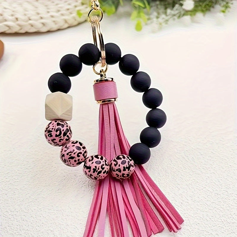 Hemasa Black Leopard White Bottom Wooden Beads Rubber Paint Round Beads PU Tassel Bangle Keychain