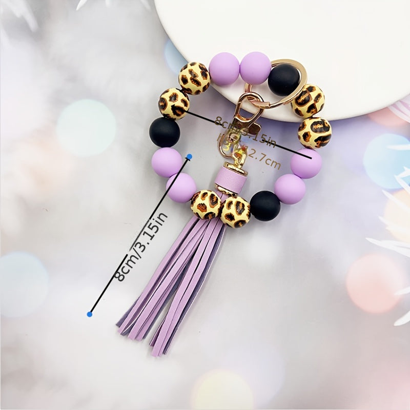 Hemasa Leopard Print Wooden & Silicone Bead Keychain / Ladies Tassel Bracelet Keyring