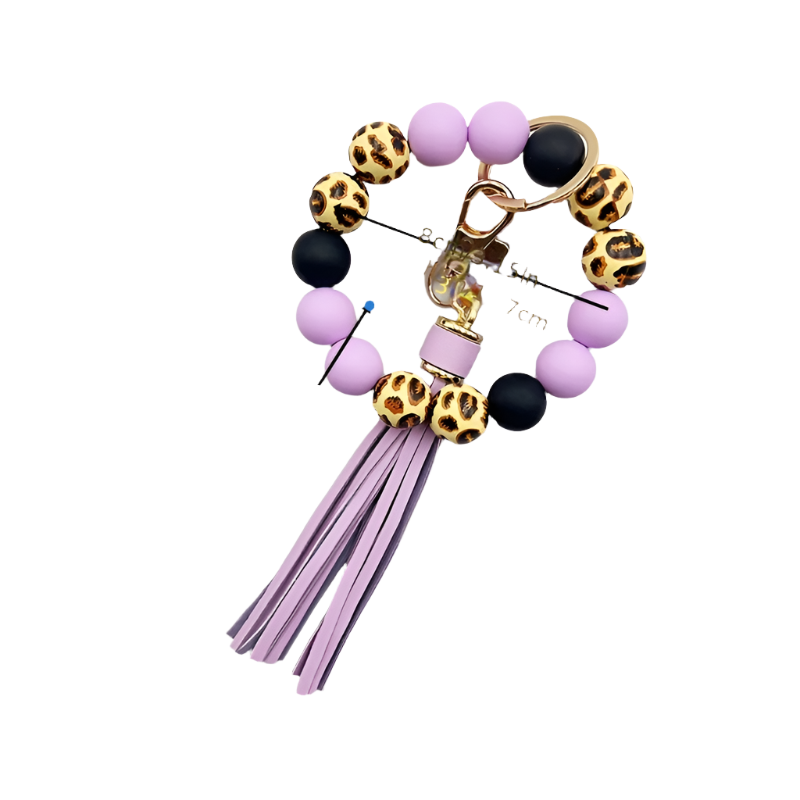 Hemasa Leopard Print Wooden & Silicone Bead Keychain / Ladies Tassel Bracelet Keyring