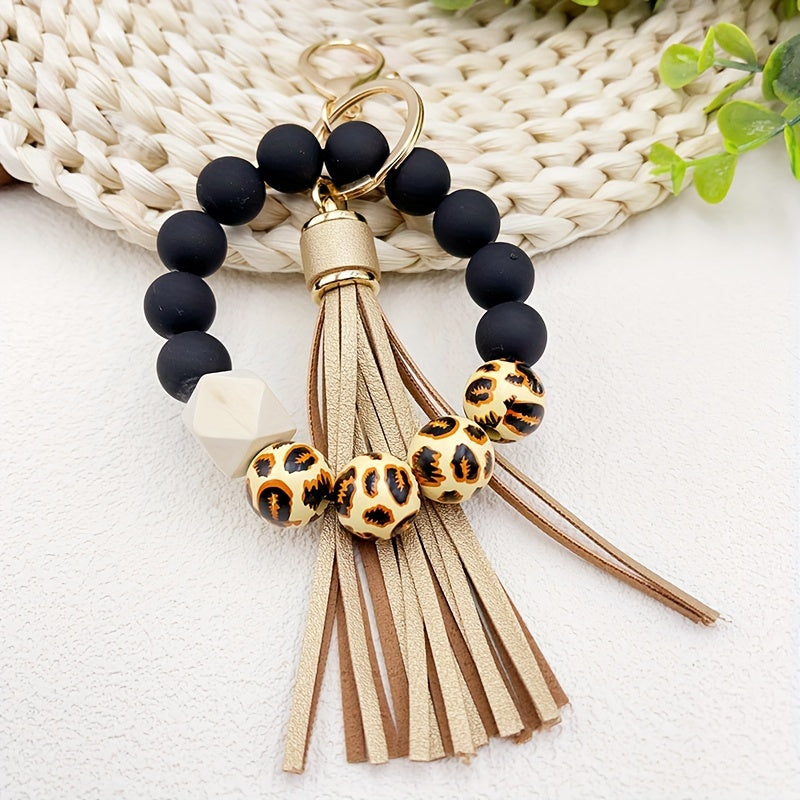 Hemasa Leopard Silicone Wooden Beaded Wristlet Keychain With PU Leather Tassel /Phone Lanyard Bangle Keychain