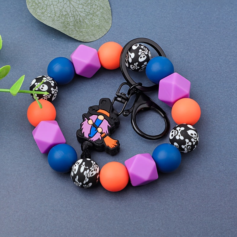 Halloween Witch Broom & Skull Silicone Beaded Keychain - Cartoon/Punk Style, Lobster Clasp, Fashionable Women's Accessory, Perfect Gift