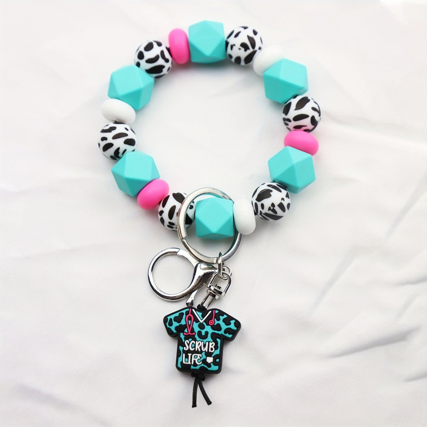 "Nurse Scrub Life" Silicone Bead Bracelet with Keyring and Nurse Uniform Charm - Perfect Gift for Nurse's Day