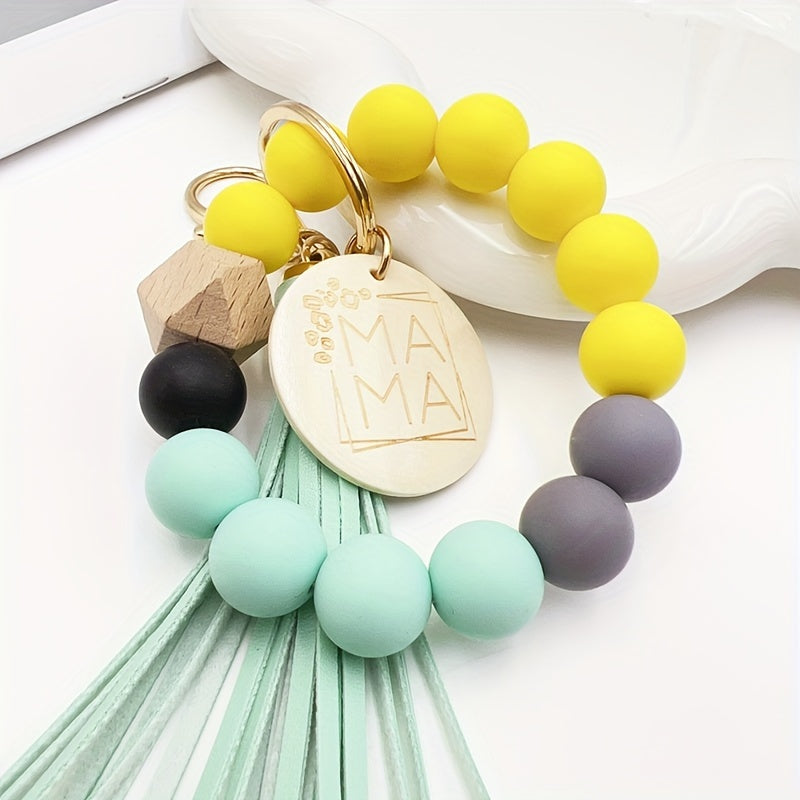 Chic Multicolor Silicone Beaded Keychain with Faux Leather Tassel & 'MAMA' Wooden Charm - Perfect Mother's Day Gift