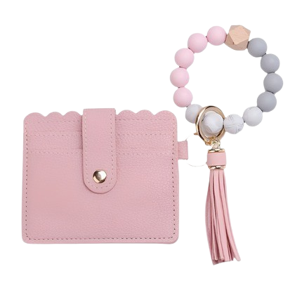 Hemasa Silicone Beaded Bracelet Wristlet Keychain With PU Leather Wallet Card Holder  /Bag Charm/ Phone Lanyard