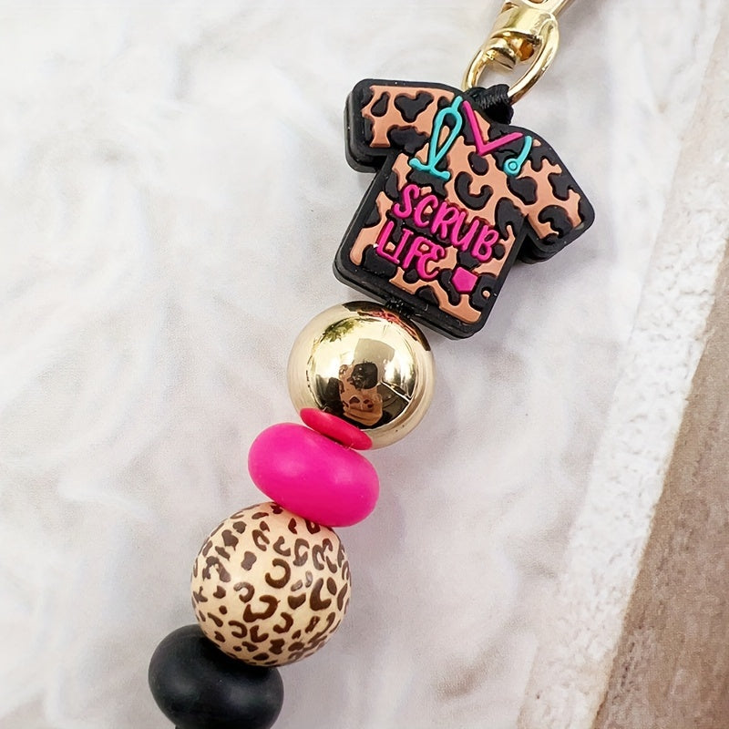 Chic Leopard Print Silicone Nurse Uniform Keychain - Beaded Charm Accessory, Perfect Gift for Staff, Doctor's Day, Pendant