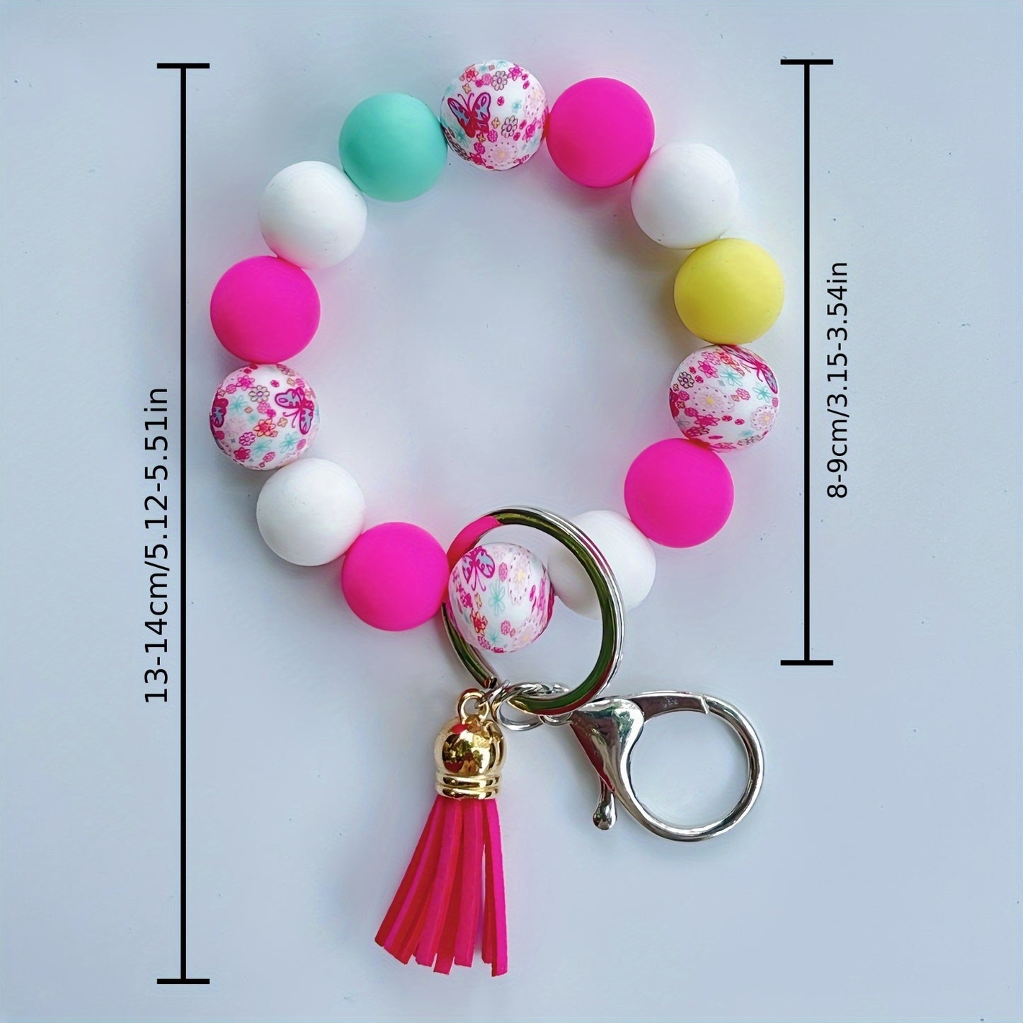 Festive 2024 Birthday Keychain: Elegant Lady's Silicone Beaded Bracelet with Pink Tassel and Golden Charm