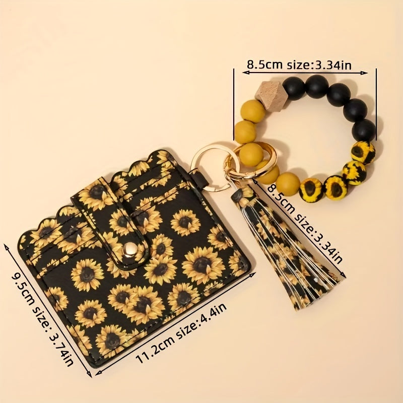 Sunflower PU Tassel Keychain Card Holder Silicone Beaded Bracelet Key Ring - Perfect Gift for Birthdays and Holidays.