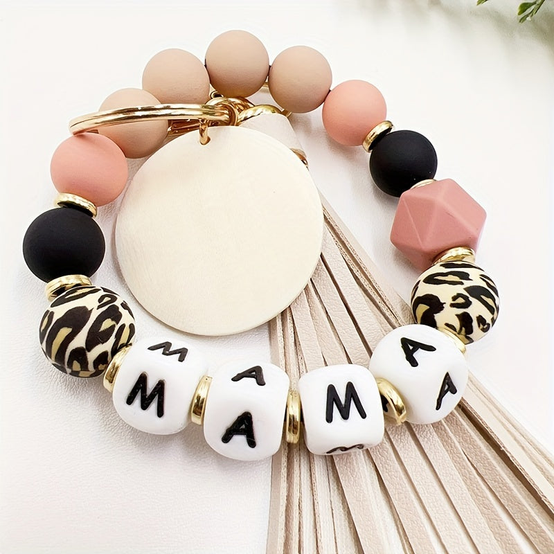 1pc Stylish MAMA Silicone Beaded Wristlet - Adjustable Phone Lanyard Keychain with Tassel Bag Charm - Perfect Daily Accessory for Women, Mother's Day Gift Idea